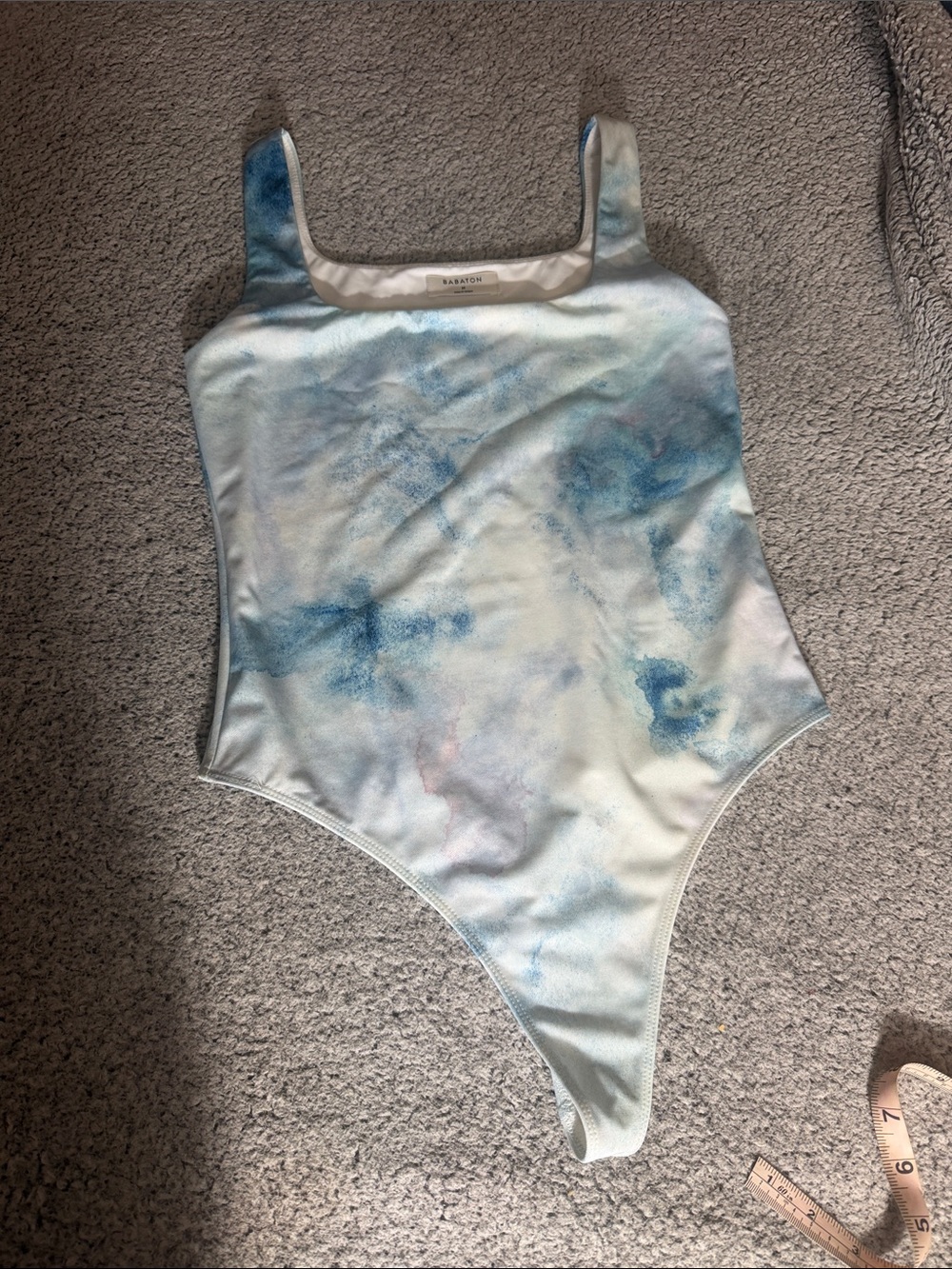 Aritzia Marble-Print Bodysuit in Light Blue and White